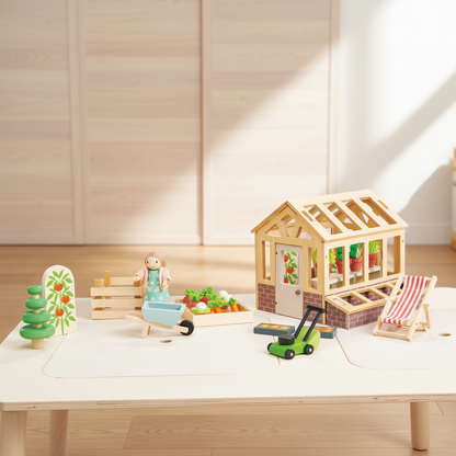 Wooden toy set with a house, trees, and other items on a white surface.