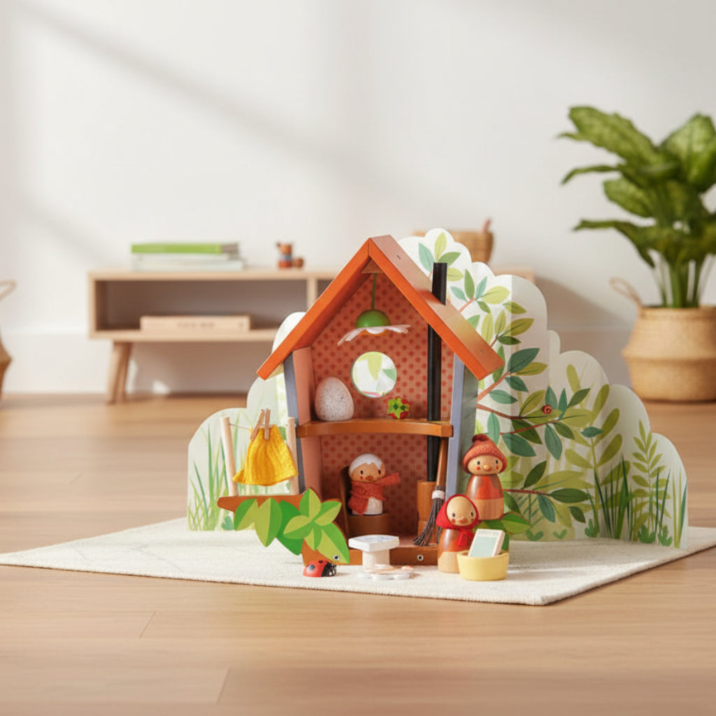 Wooden toy set with a small house and characters on a white background
