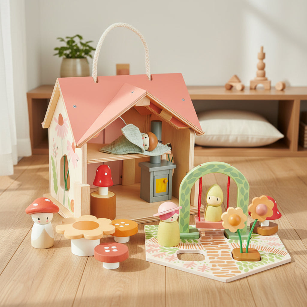 Wooden toy house with accessories on a white background