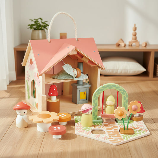 Wooden toy house with accessories on a white background