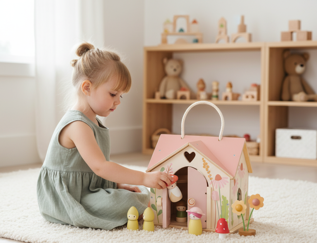 Child playing with a toy house in a room with shelves of toys