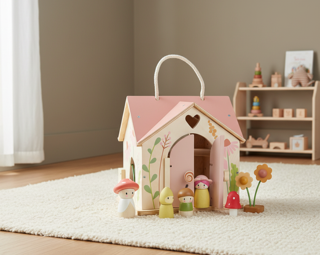 Wooden toy house with small figures and plants on a rug in a room.