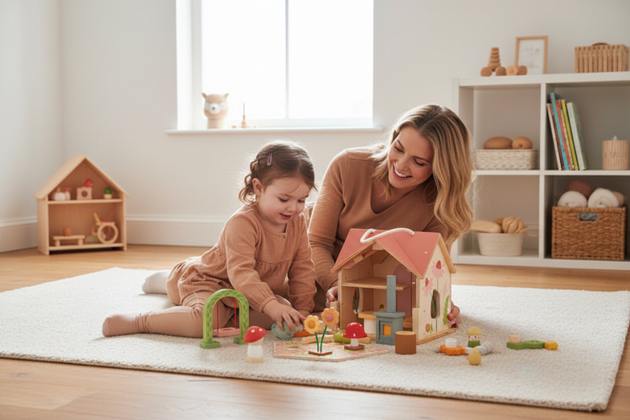 Child playing with a wooden toy set on a light background