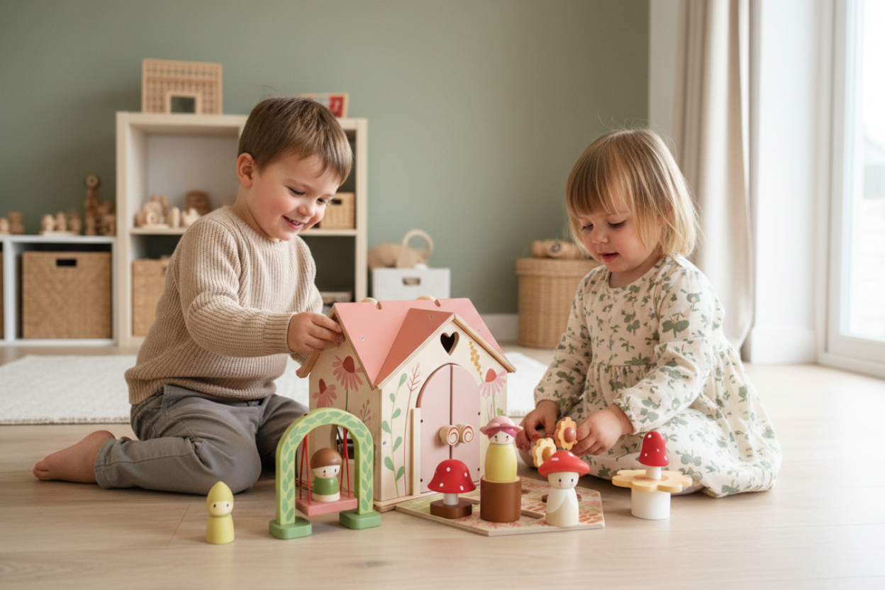 Two children playing with a wooden dollhouse and accessories in a room with a green wall and white floor.