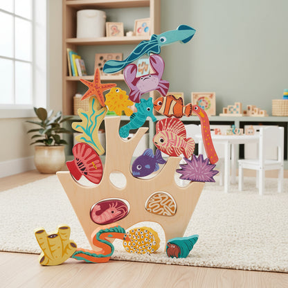Colorful wooden sea creature puzzle with a wooden base on a white background
