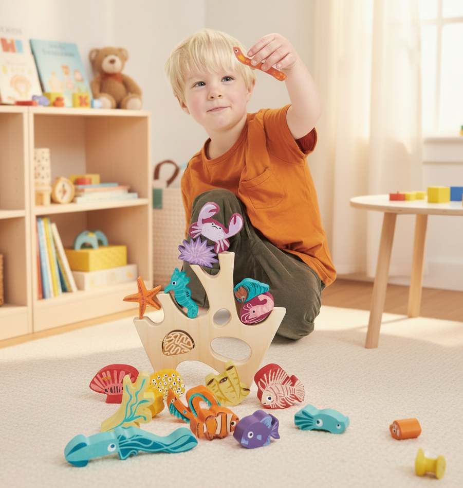 Child playing with colorful wooden toys in a room with shelves and books.