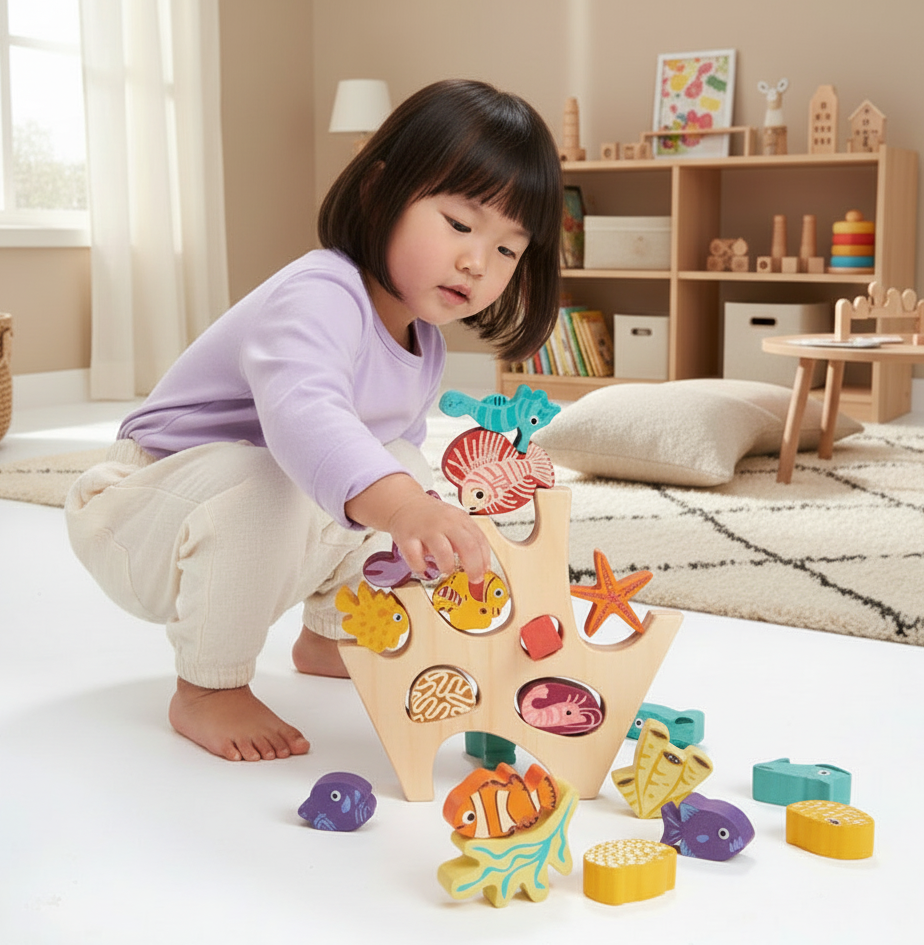 Child playing with a wooden toy shaped like a fish, surrounded by colorful sea creature figures in a room.
