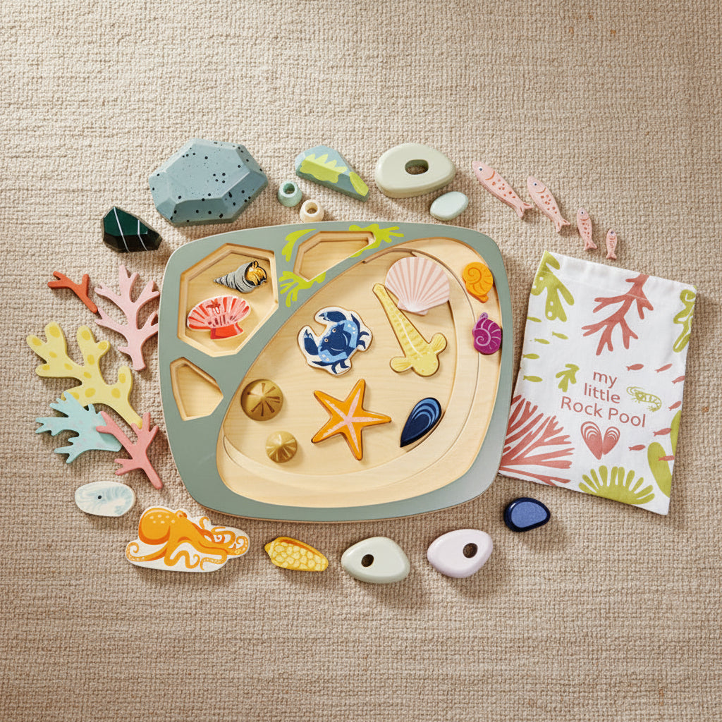 Children's toy set with a rock pool tray, sea creatures, and a book titled 'My Little Rock Pool' on a white background.