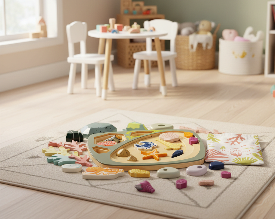 Children's play area with toys on a rug in a room with furniture and decor.