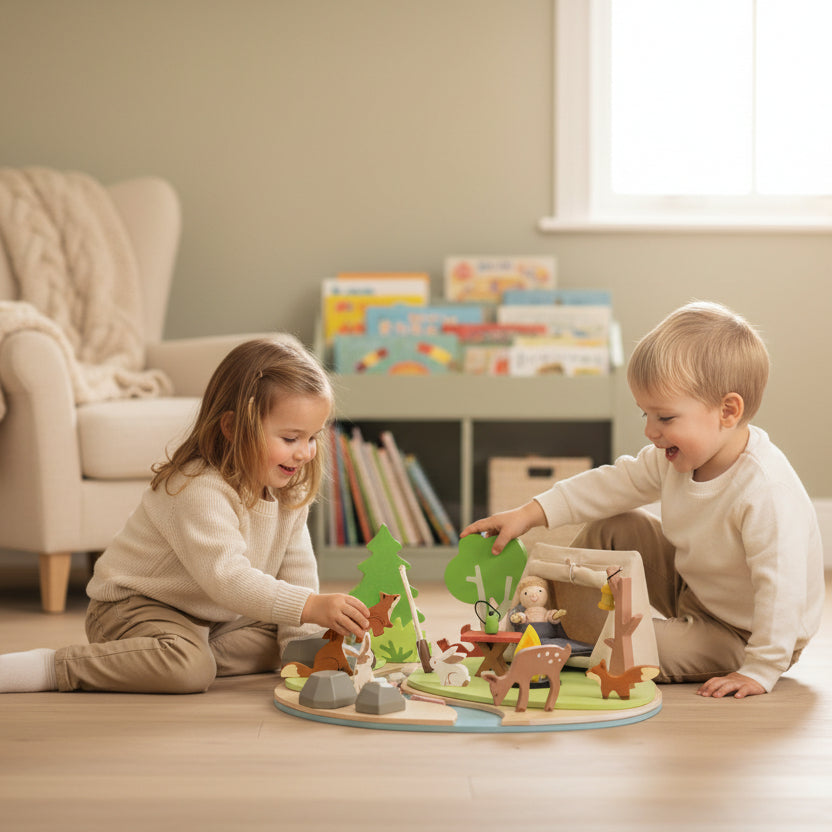 Wooden playset with a child in a tent, animals, and nature elements on a white background
