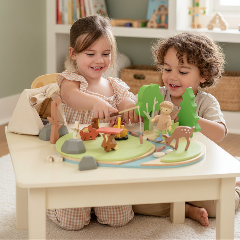 Child playing with a wooden playset featuring animals and a tent on a white background