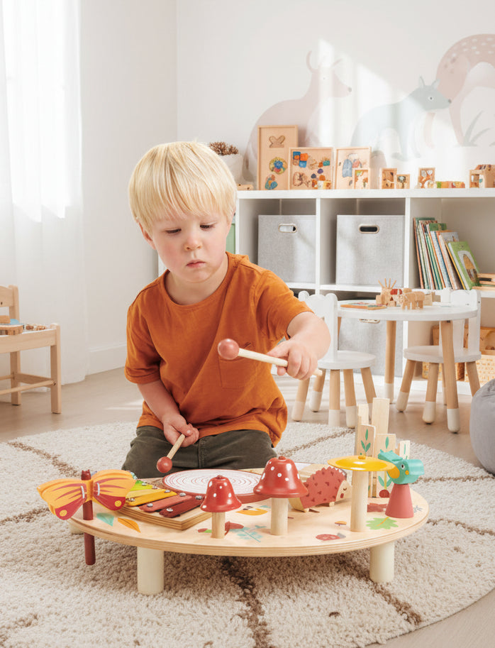 Child playing with a colorful wooden hammering toy on a white background
