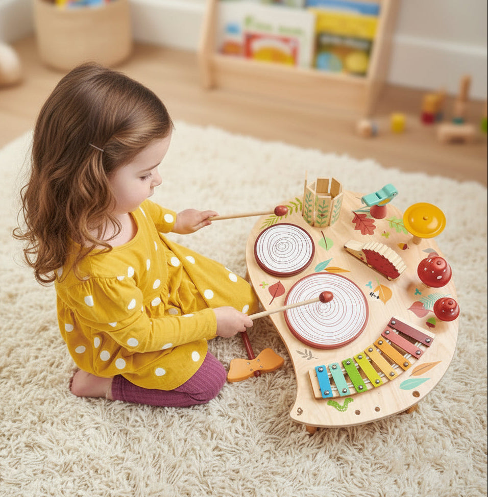 Child playing with a wooden musical toy set on a white background