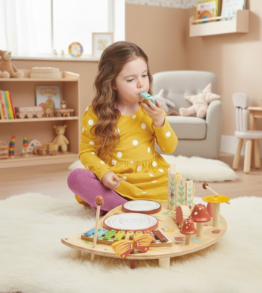 Child playing with a colorful wooden play kitchen set on a white background