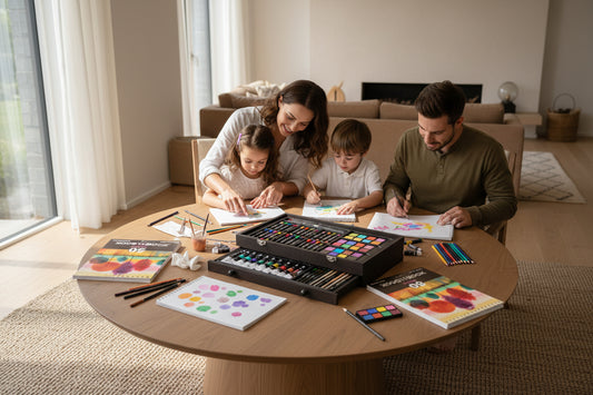 Art supply set with colored pencils, markers, and a color swatch book on a white background.