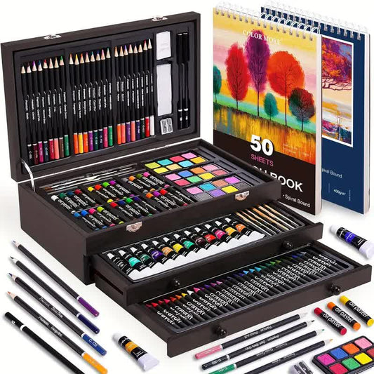 Assorted art supplies including watercolor paints, crayons, oil pastels, colored pencils, and acrylic paints.