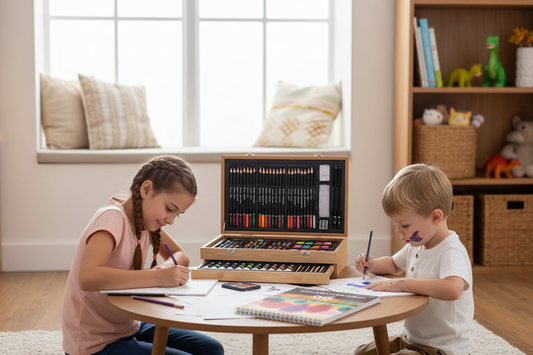 Art supply set with colored pencils, markers, and watercolors in a wooden box.