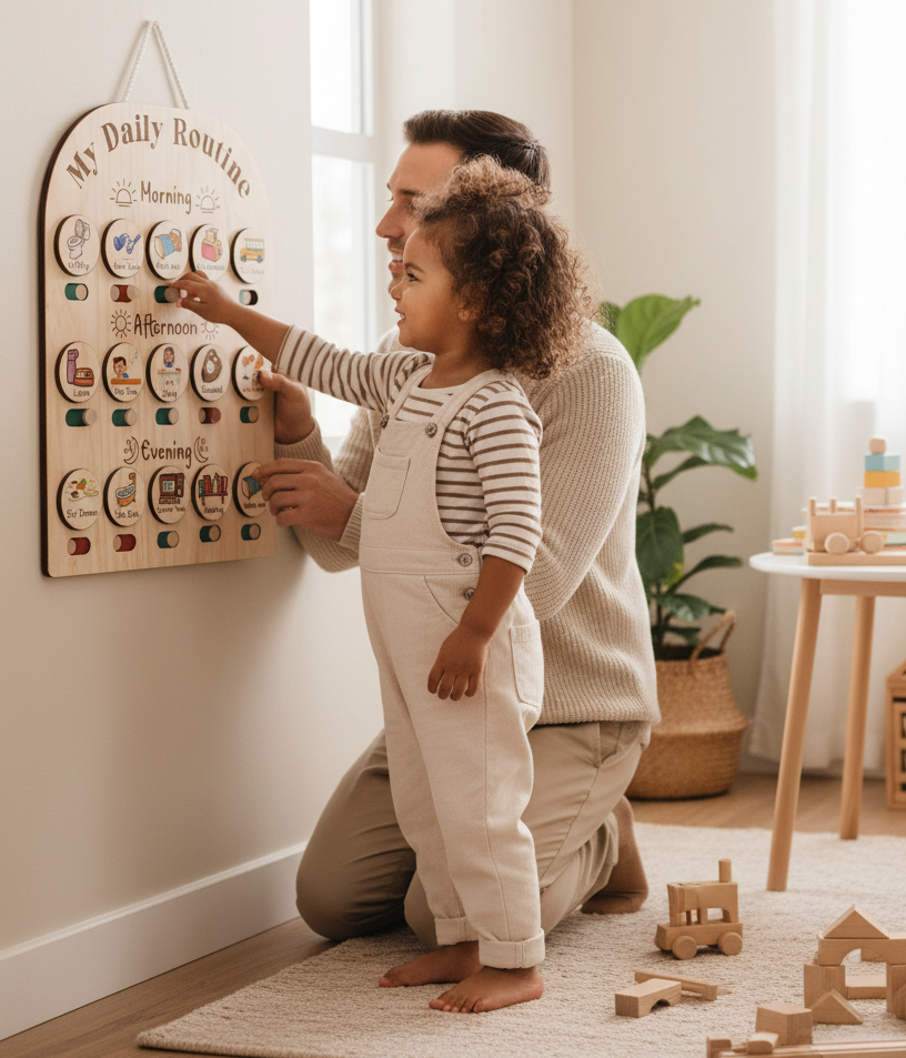 Wooden daily routine chart for children with icons and labels.