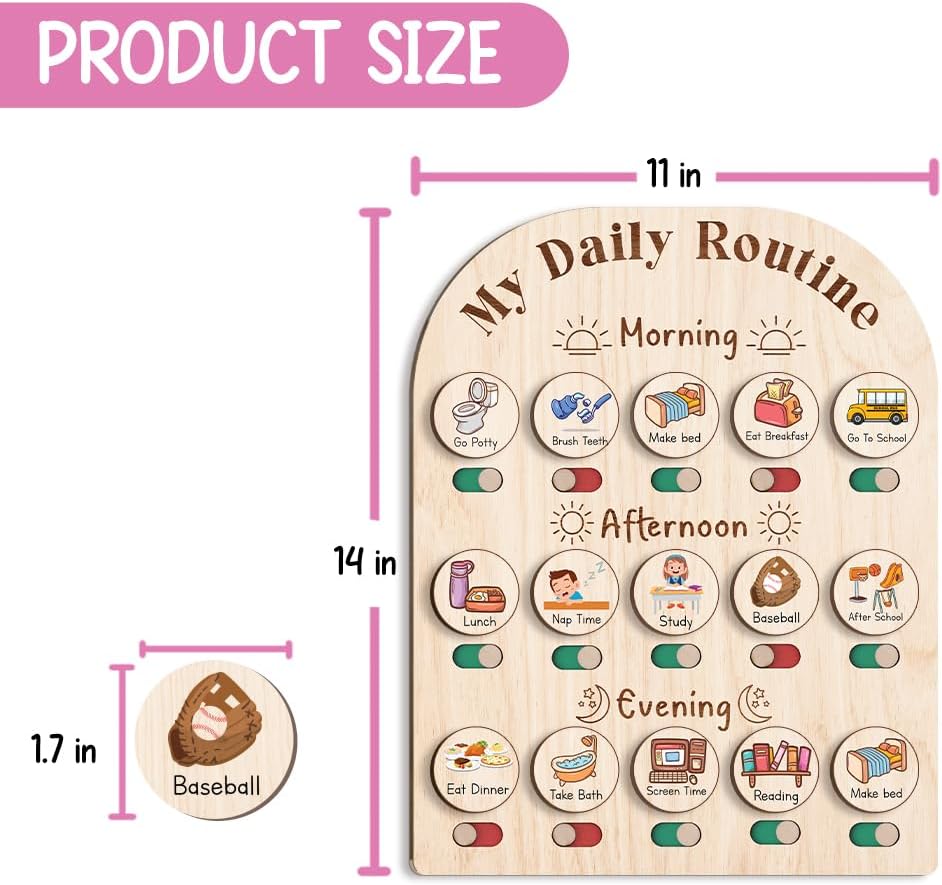 Wooden chart with 'My Daily Routine' for children, showing product size dimensions.