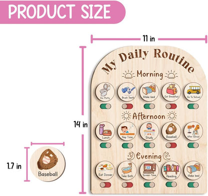 Wooden chart with 'My Daily Routine' for children, showing product size dimensions.
