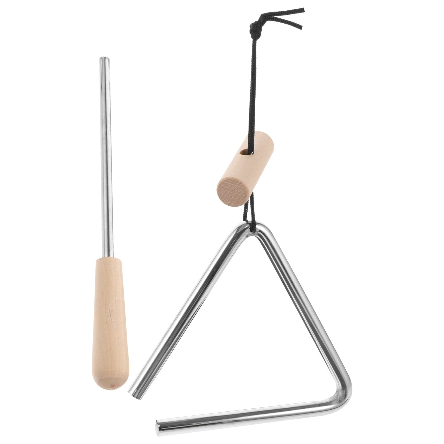 Metal triangle bell with wooden handles on a white background