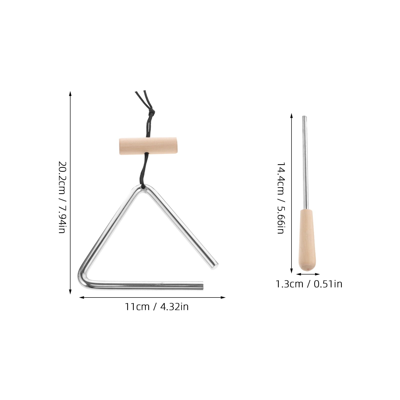 Metal triangle and wooden beater with measurements on a white background