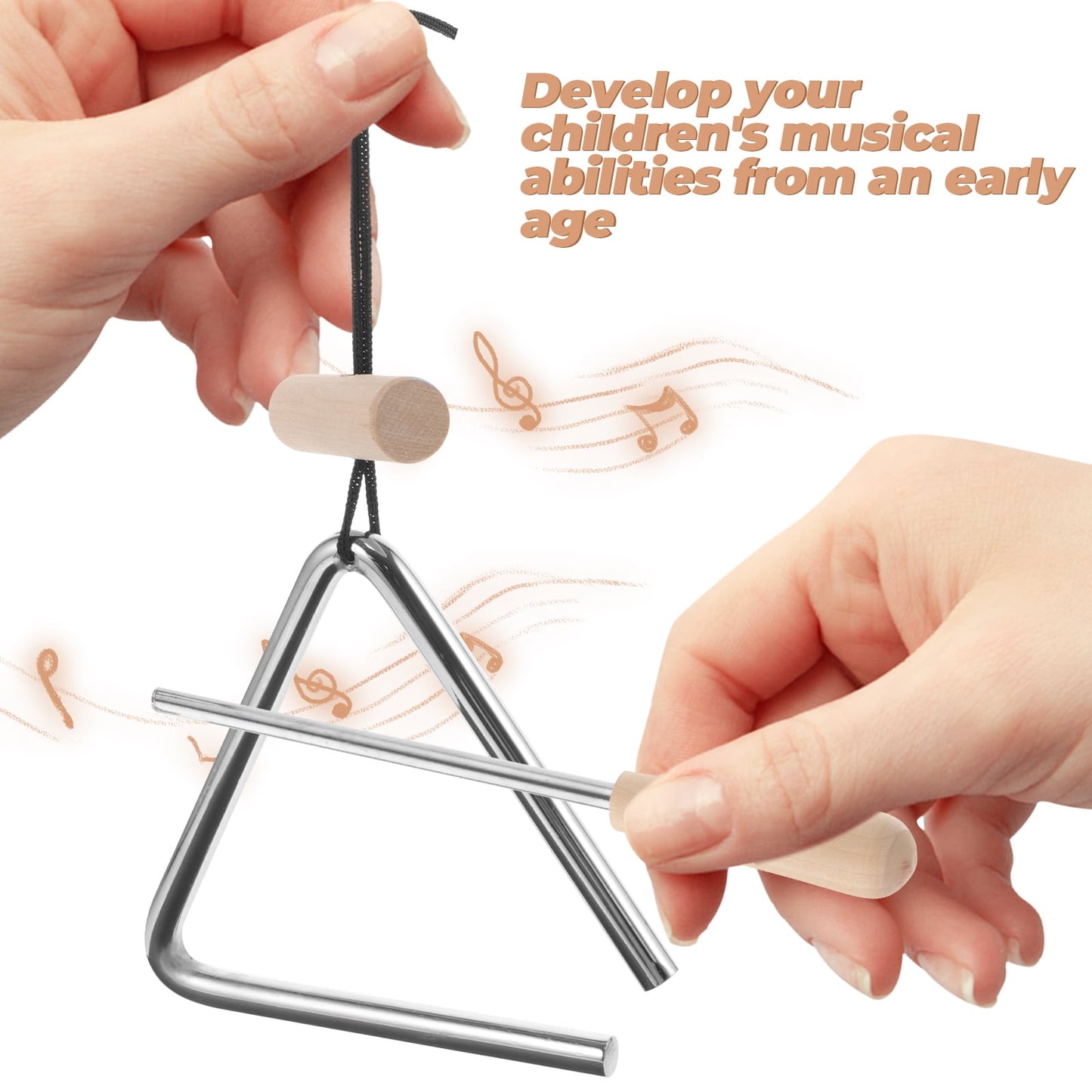Metal triangle with wooden beater held by hands, with text about developing children's musical abilities.