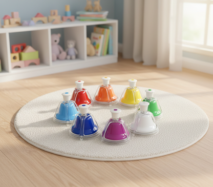 Colorful toy bottles on a round rug in a room with toys and books in the background