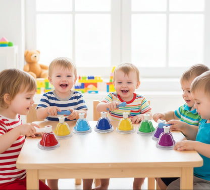 Desk hand bells with colorful tops on a white background, featuring text about developmental benefits.