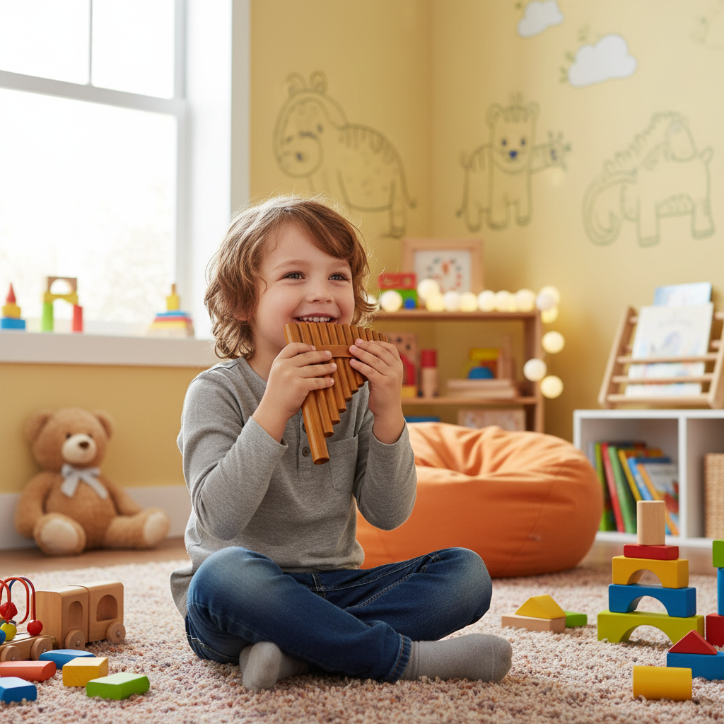 Child playing a wooden pan flute in a colorful classroom setting