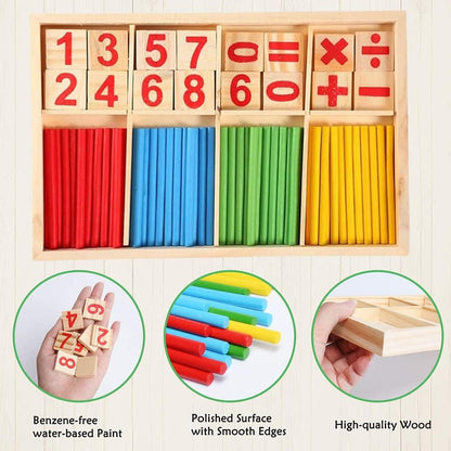Wooden educational toy with numbers and math symbols in a wooden box on a white background.