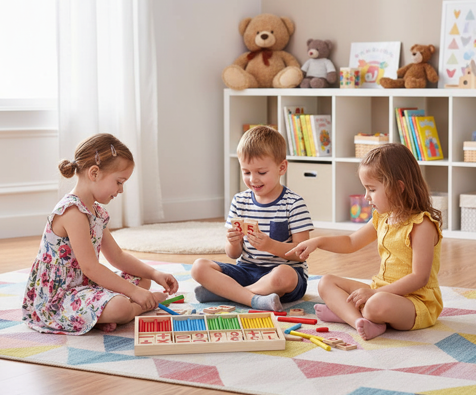 Three children playing with educational toys on a colorful rug in a bright room.