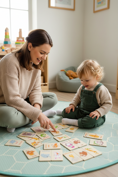 Set of animal-themed wooden blocks on a green tiled surface with a small box in the background.