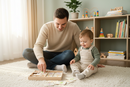 Wooden educational toy with animal cards and labels on a wooden surface