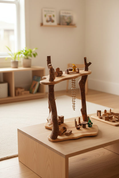 Wooden cat play structure with various interactive elements on a white background