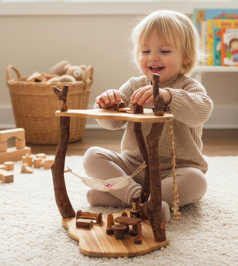 Child playing with a wooden toy in a room with toys and books around