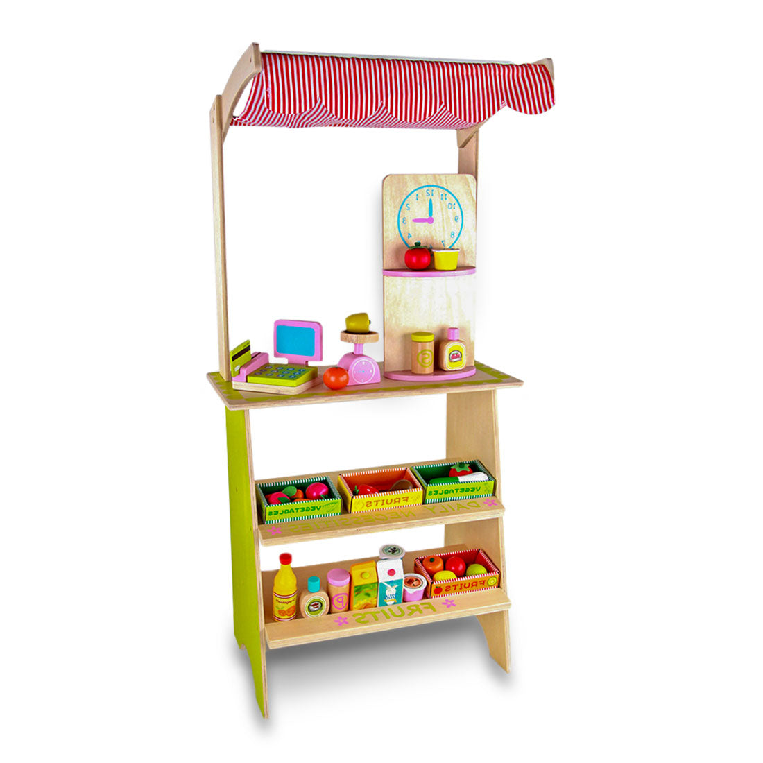 Wooden toy kitchen set with shelves and a red striped canopy on a white background
