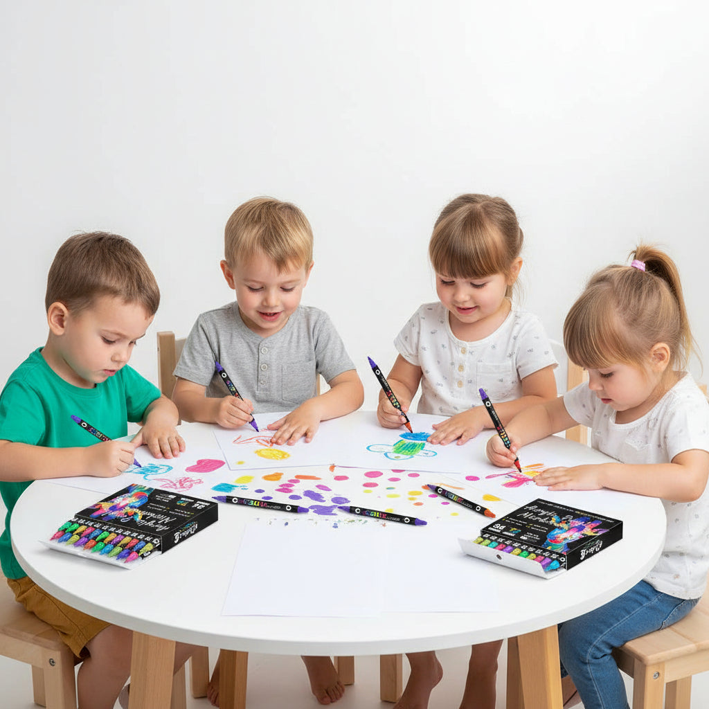 Acrylic paint markers set with a box featuring a colorful animal illustration and color swatches.