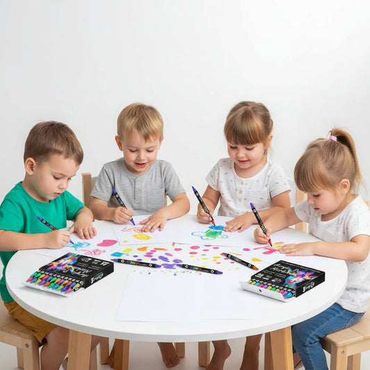 Acrylic paint markers set with a box featuring a colorful animal illustration and color swatches.