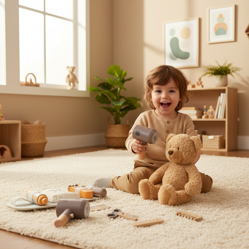 Child playing with toys in a room with a teddy bear and various items on a shelf.