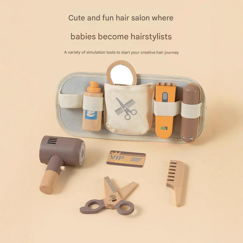 Set of toy hair salon tools on a beige background with text about babies becoming hairstylists.