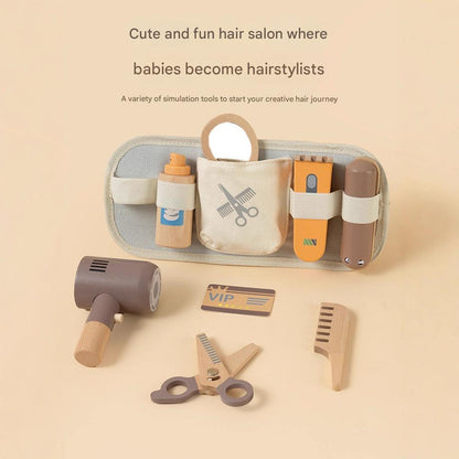 Set of toy hair salon tools on a beige background with text about babies becoming hairstylists.