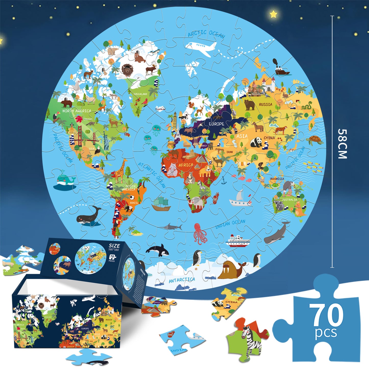 World map puzzle with colorful animals and a box on a dark blue background