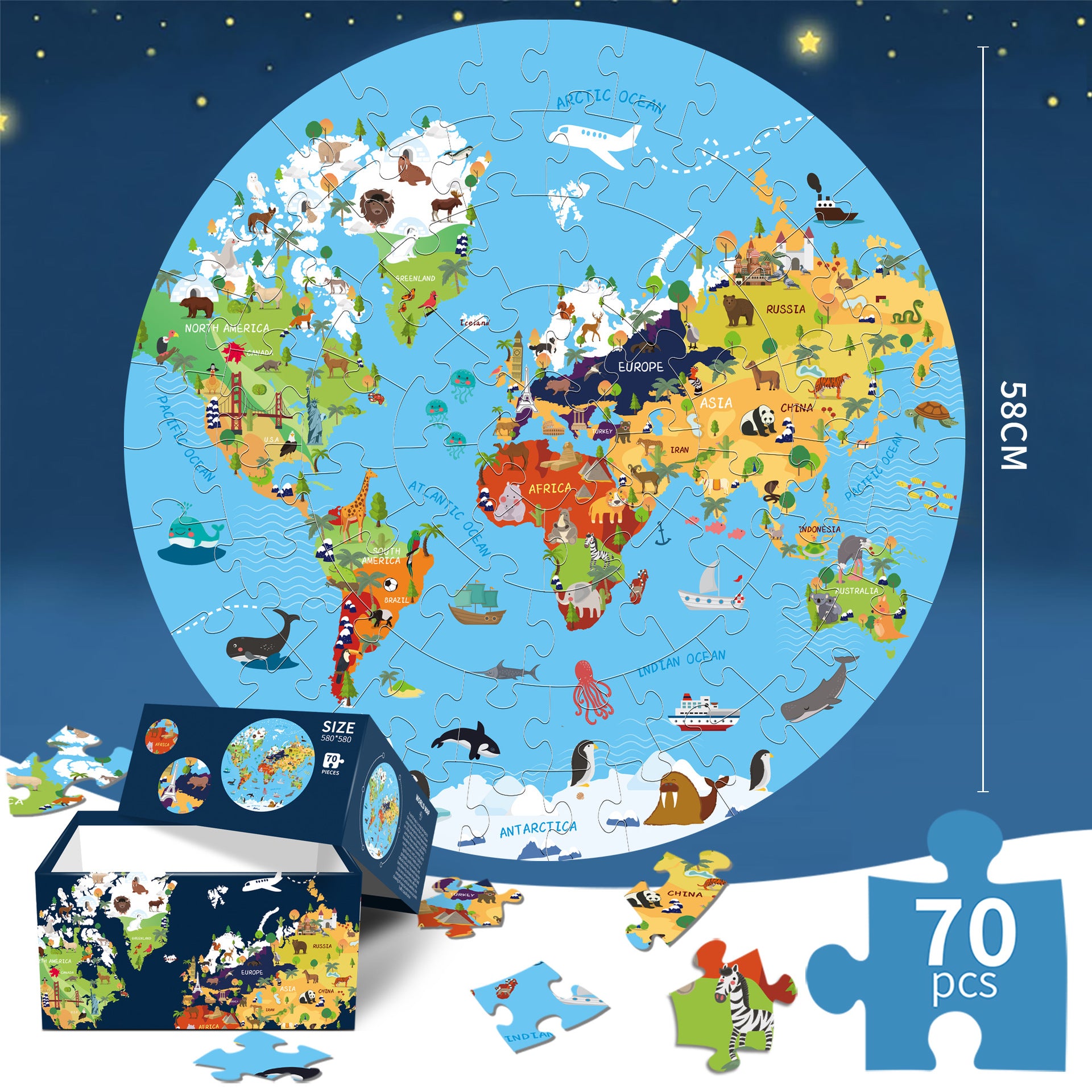 World map puzzle with colorful animals and a box on a dark blue background
