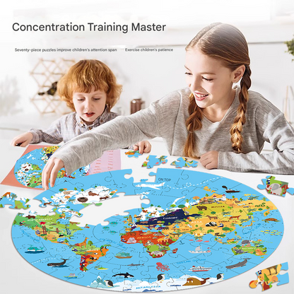 Two children working on a world map puzzle with educational pieces.