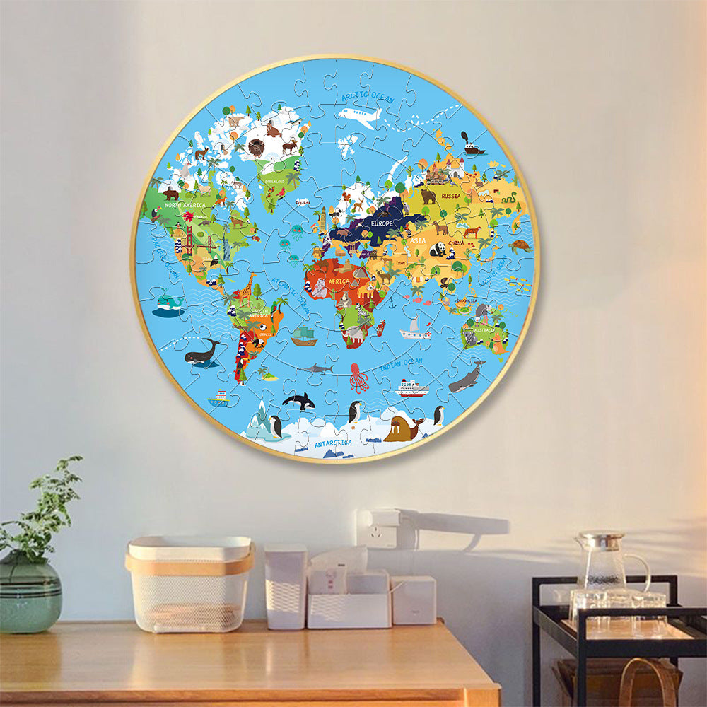 World Animal Map Round Jigsaw Puzzle 70-PCS