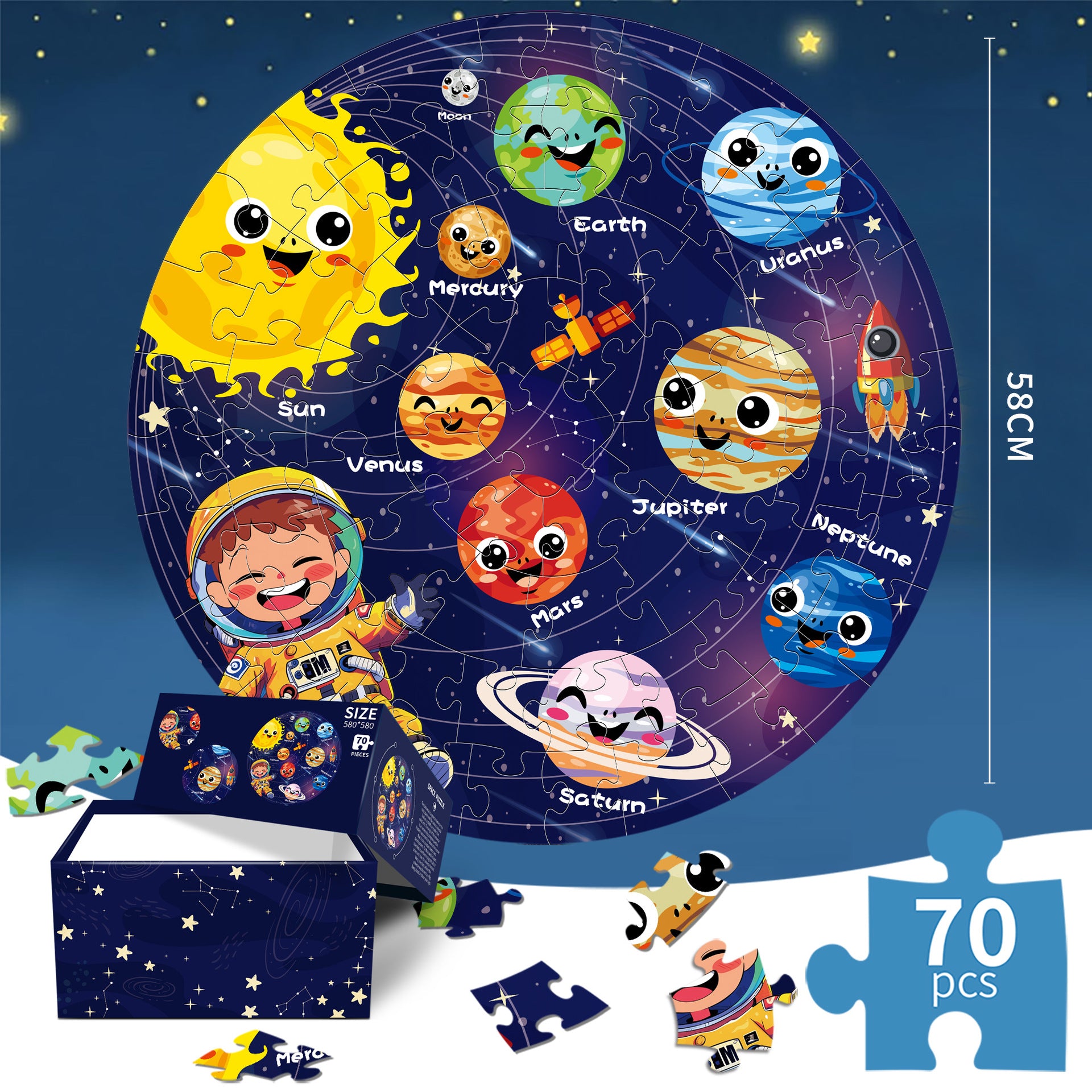 Children's solar system puzzle with cartoon planets and an astronaut, displayed against a starry night sky.