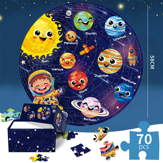 Children's solar system puzzle with cartoon planets and an astronaut, displayed against a starry night sky.