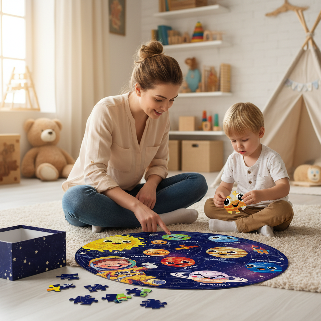 Children's solar system puzzle with cartoon planets and an astronaut, displayed against a starry night sky.