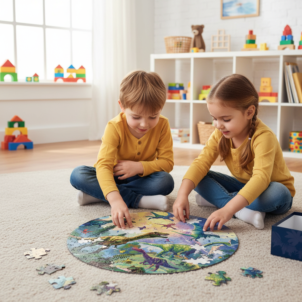 Dinosaur-themed puzzle with packaging and pieces displayed on a blue background